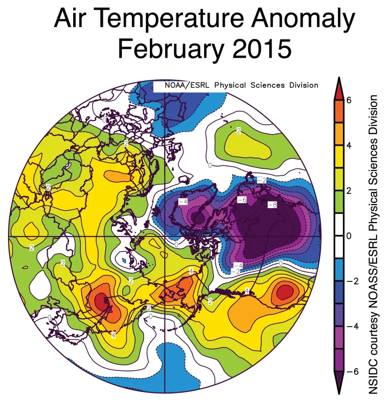 The plot shows Arctic air temperature anomalies at the 925 hPa level in degrees Celsius for February 2015. 