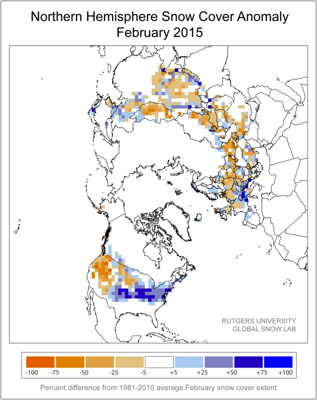 This snow cover anomaly map shows the difference between snow cover for February 2015, compared with average snow cover for February from 1981 to 2010. 