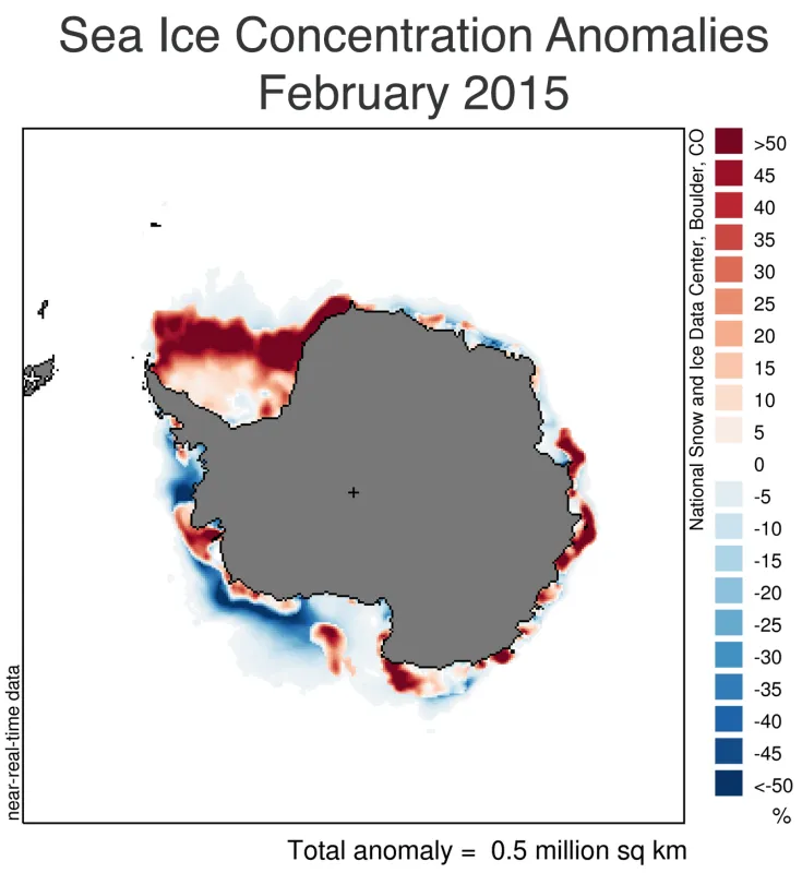 This figure shows the concentration anomaly for February 2015 monthly average extent relative to the 1981 to 2010 average.