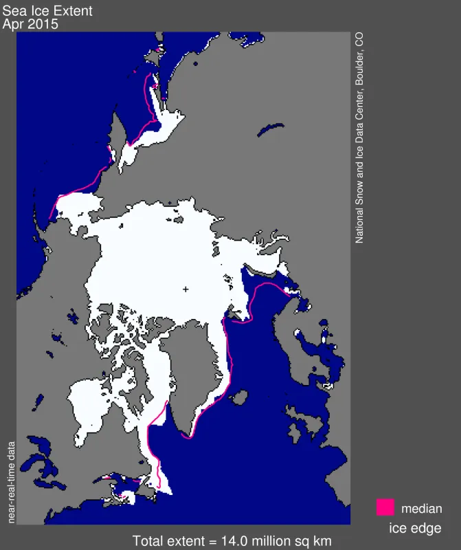 Arctic sea ice extent for April 2015 was 14.0 million square kilometers (5.4 million square miles). 