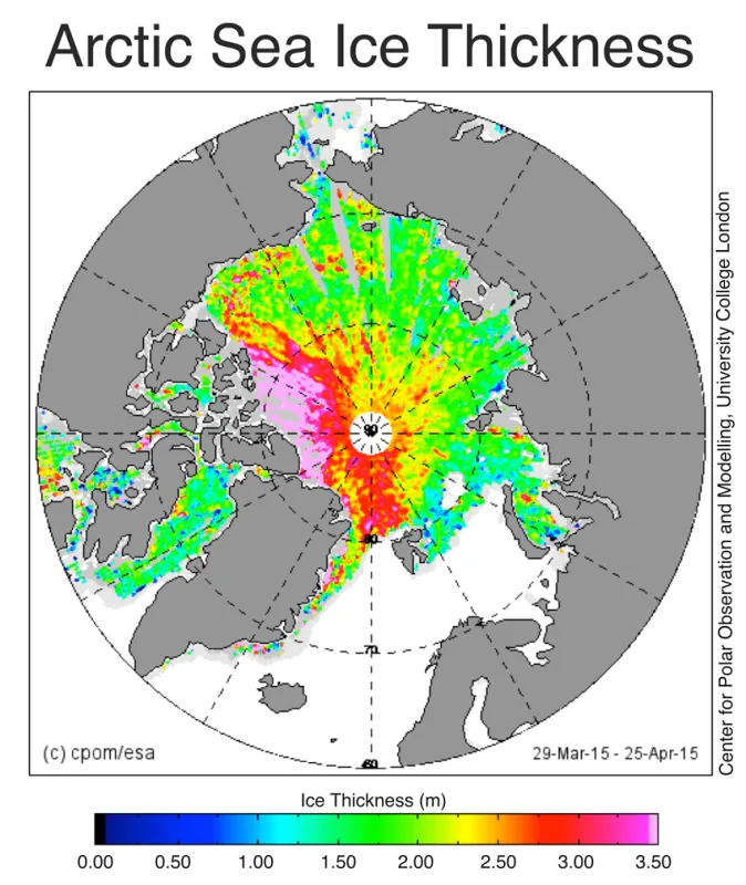 This map shows sea ice thickness in meters in the Arctic Ocean from March 29, 2015 to April 25, 2015.