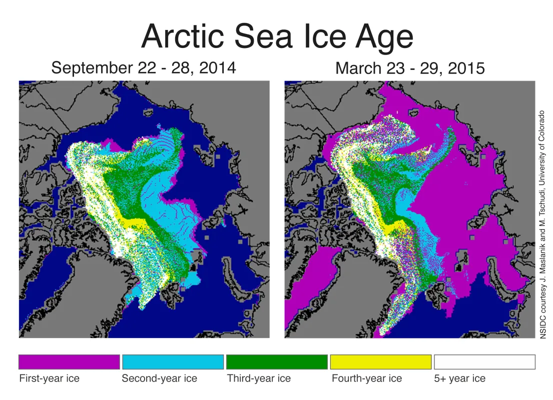 These ice age maps show a change in distribution of older ice from just after the summer 2014 melt season (left) and the end of March 2015 (right).