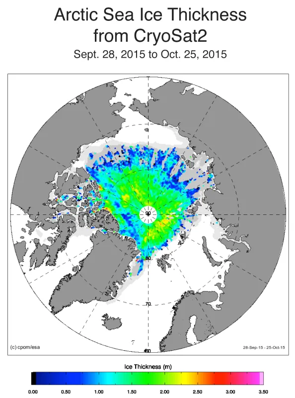 This image from CryoSat-2 shows thin ice (less than 1 meter, or 3 feet, thick) over a wide area north of Greenland.