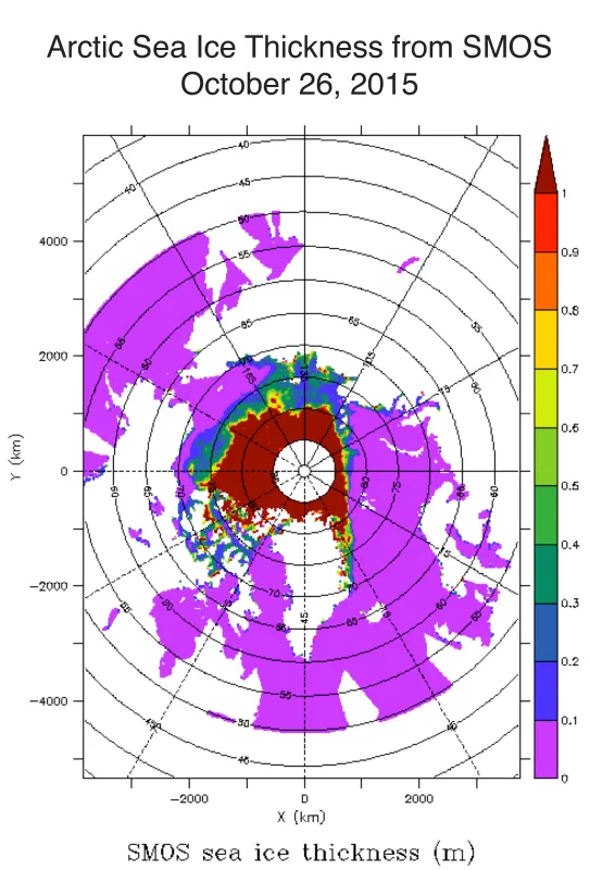 This image from the European Space Agency’s Soil Moisture and Ocean Salinity (SMOS) satellite shows sea ice thickness over the Arctic Ocean.