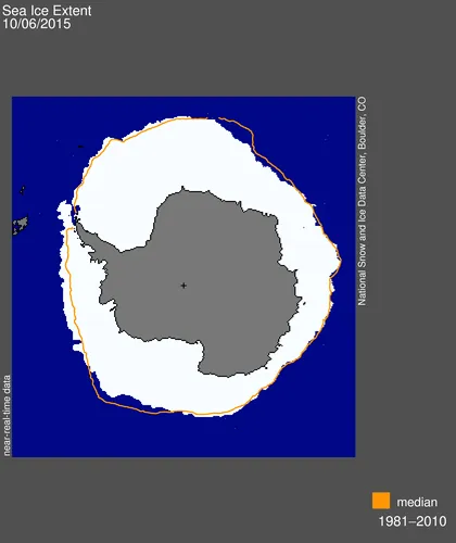 Antarctic sea ice extent for October 6, 2015 was 18.83 million square kilometers (7.24 million square miles). The current extent is greater in some places and less in others compared to the 1981-2010 median ice extent