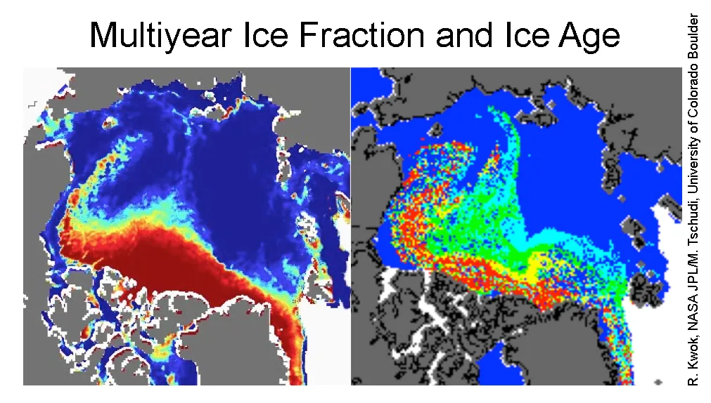 The map at left shows multiyear ice fraction in mid-April derived from ASCAT, and the corresponding map at right shows ice age.