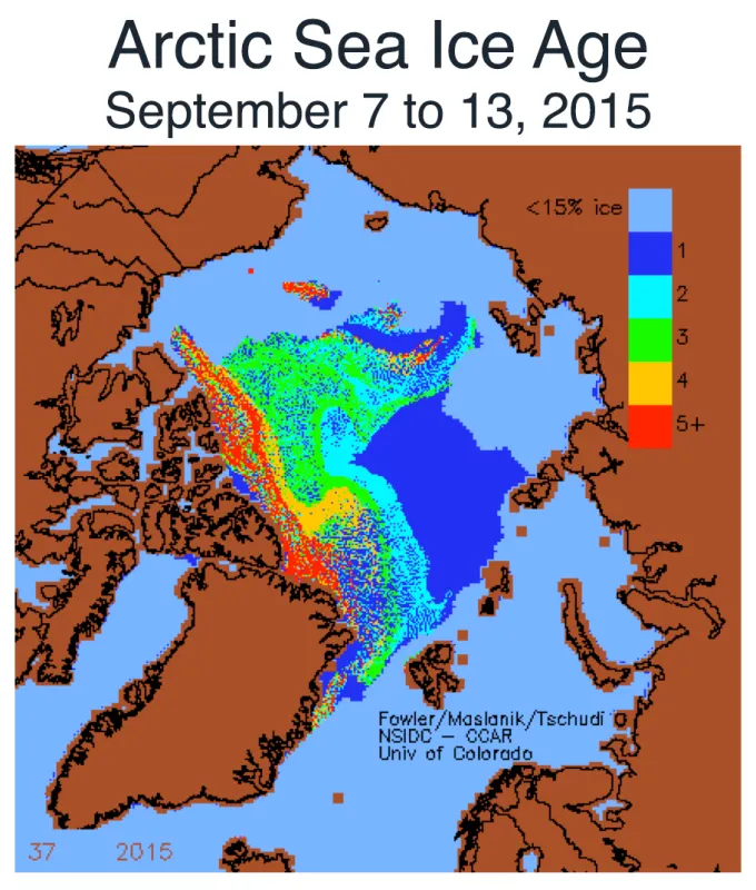 The map shows Arctic sea ice age, in years, for the week of September 7 to 13, 2015.