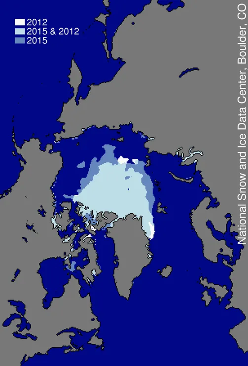 This image compares differences in ice-covered areas between September 11, 2015 and September 17, 2012, the record low minimum extent.