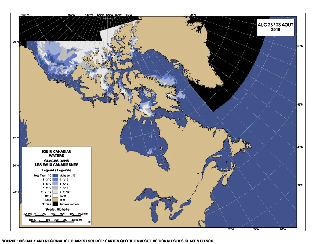 Click on the image to view an animation of sea ice concentration north of Canada for August 23 to September 1, 2015.