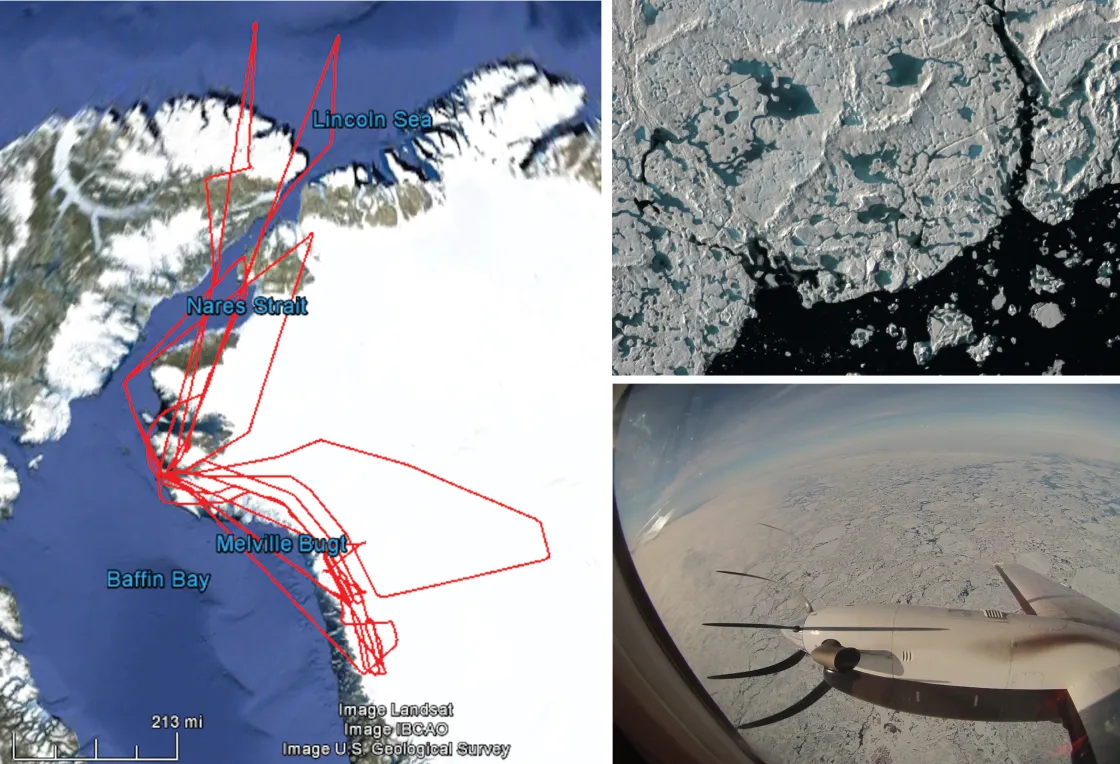 The map at left shows flight tracks flown by NASA to evaluate laser reflection characteristics over sea ice and land ice.