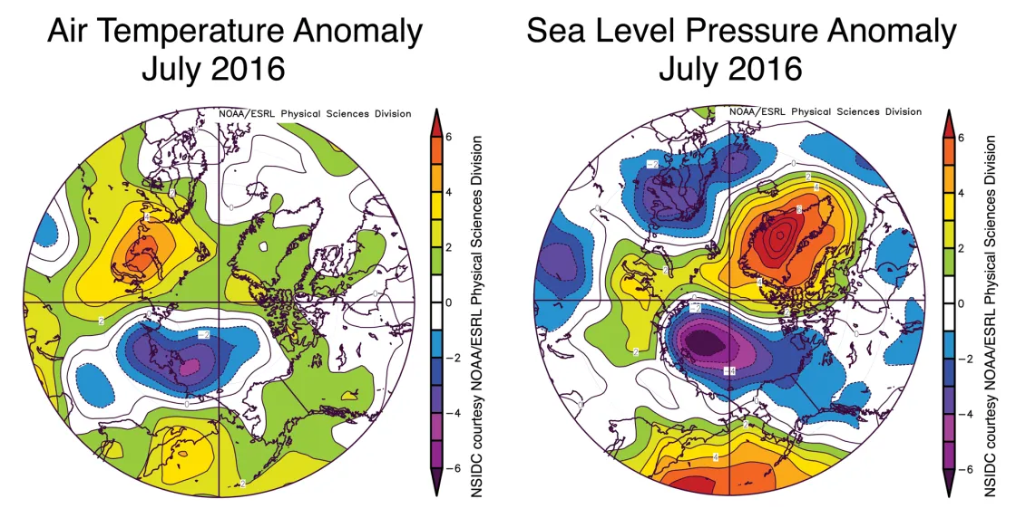 The plot above shows July 2016 Arctic air temperature anomalies at the 925 hPa level in degrees Celsius and sea level pressure anomalies.