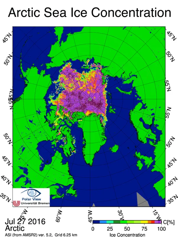 This sea ice concentration image from the Advanced Microwave Scanning Radiometer 2 (AMSR2) shows dispersed sea ice and small polynyas in the Beaufort and East Siberian seas on July 27, 2016.