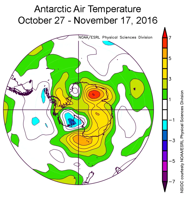 This plot shows air temperature difference from average in the Antarctic for October 27 to November 17, 2016.