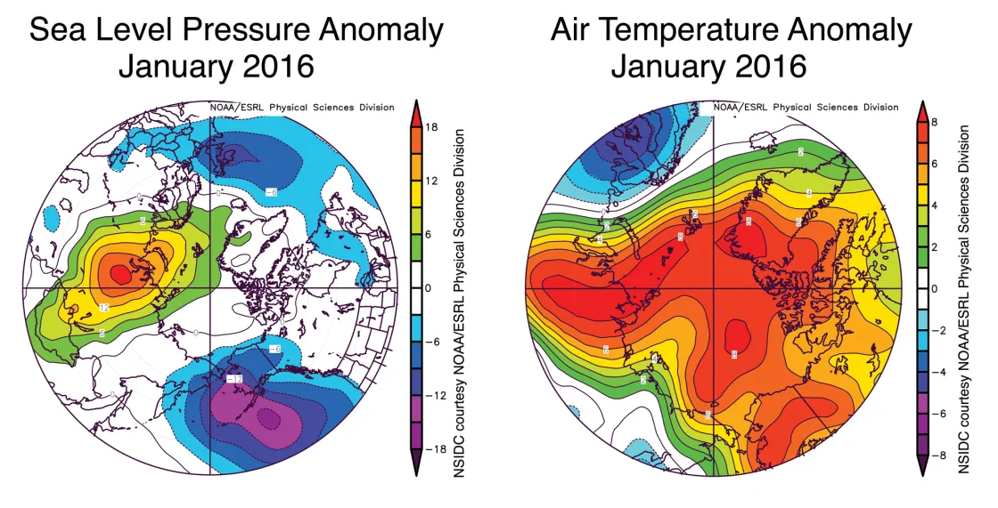 These graphs show average sea level pressure and air temperature anomalies at 925 millibars (about 3,000 feet above sea level) for January 2016.