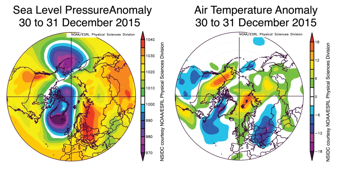 These graphs show average sea level pressure and air temperature anomalies at 925 millibars (about 3,000 feet above sea level) for 30 and 31 December, 2015. 