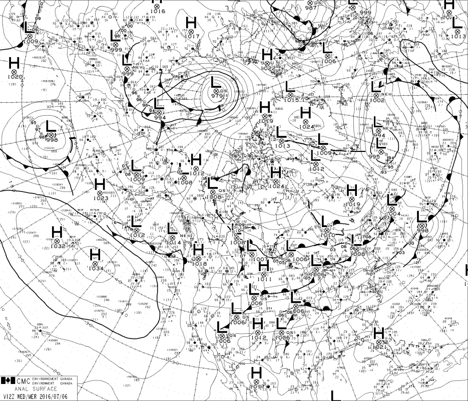 Map of Canada and the United States with low and high pressure, and storm systems