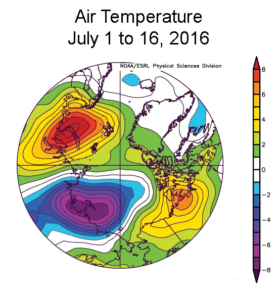 Arctic air temperatures at the 925 hPa level, as compared to the long-term (1981 to 2010) average. Over Russia the air temperature is less, while everywhere else have increased Air Temperature