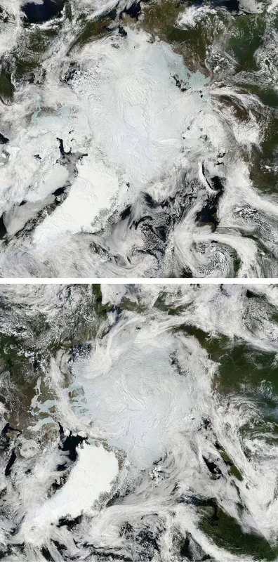 MODIS composite images for June 9, 2016 (top) and June 28, 2016 (bottom) show the seasonal progression of surface melting and darkening of the ice surface.