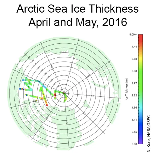 Sea ice thickness from April and May 2016 from Operation IceBridge. Image courtesy Nathan Kurtz, NASA Goddard.