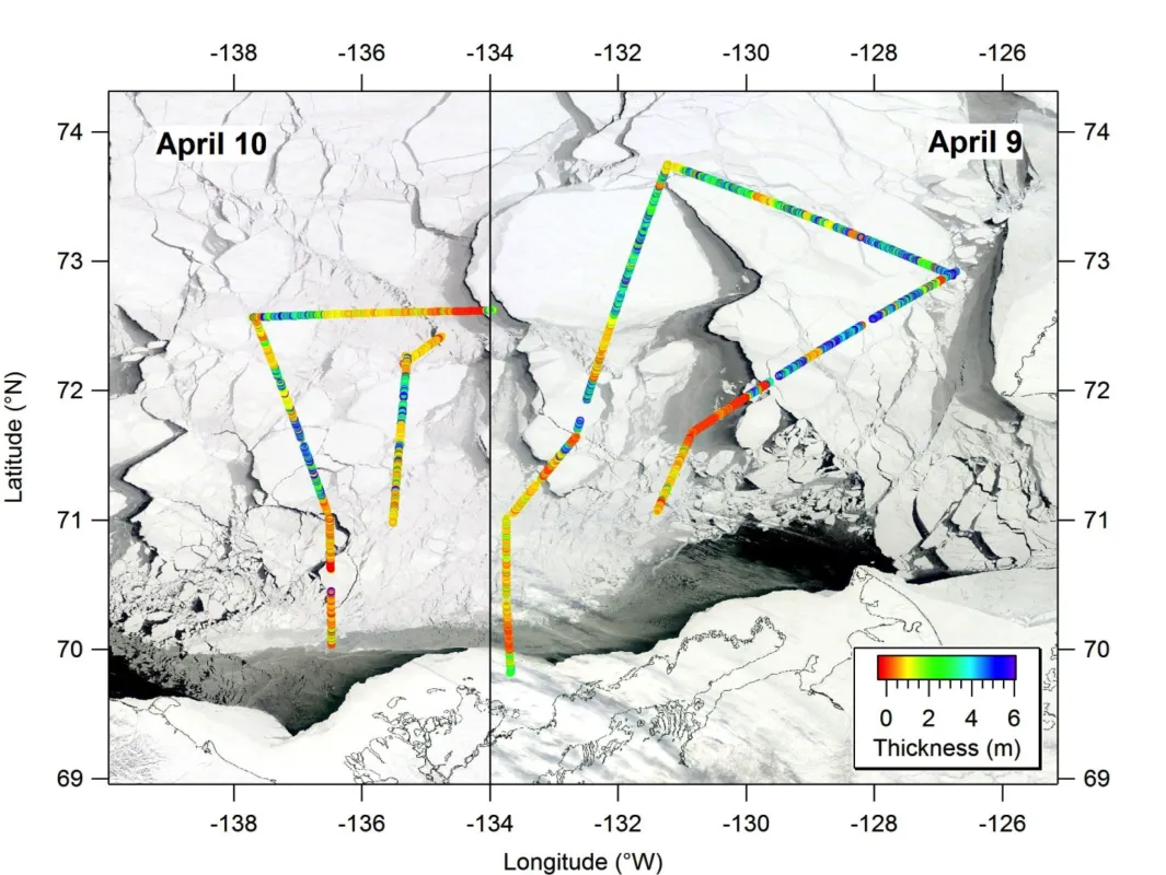 Ice Thickness measurements in the Beaufort Sea; shown as a series of dots along two paths