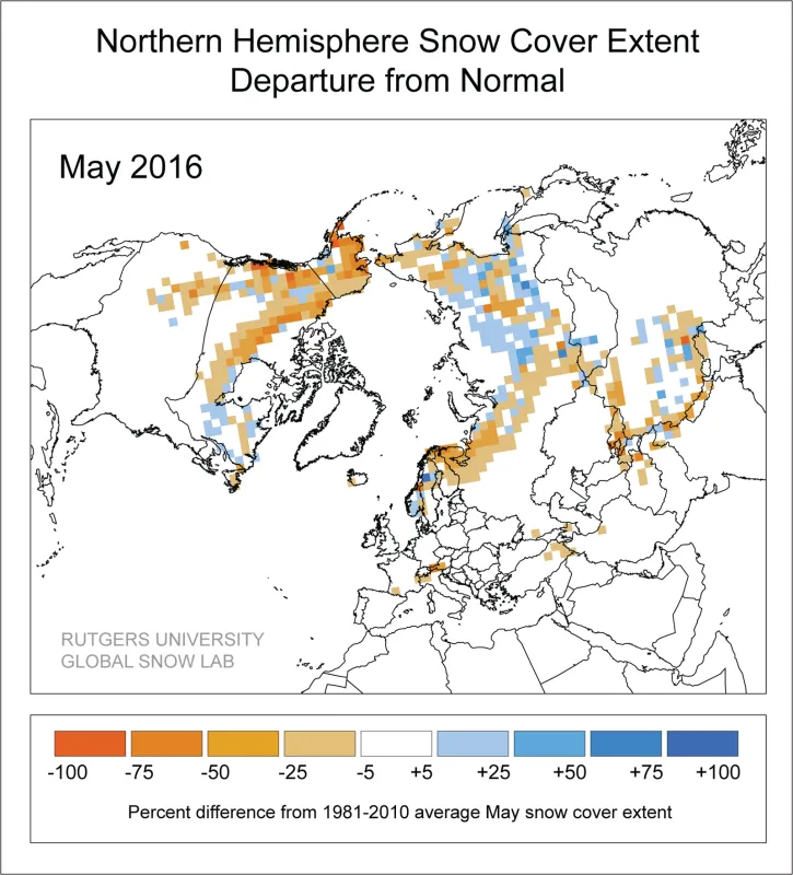 Most places shown have negative difference from 1981-2010 in usual snow cover