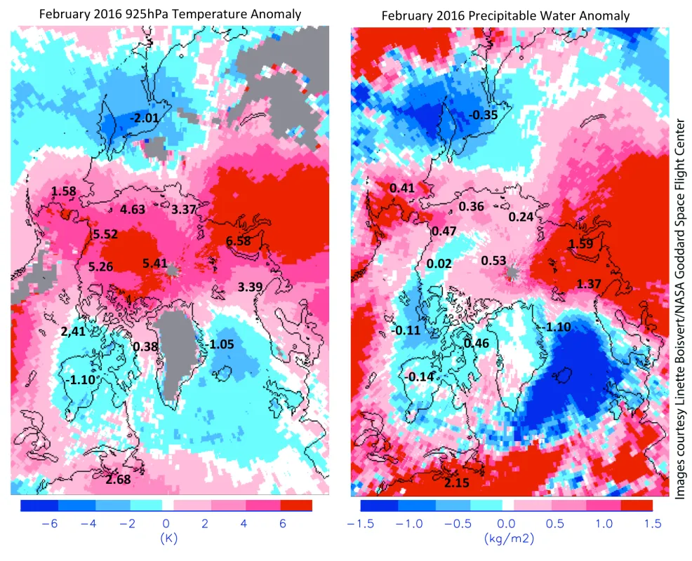 These two images show February 2016 departures from the 2003 to 2015 average for 925 hPa air temperature (left) and precipitable water (right) as derived from the NASA AIRS instrument.