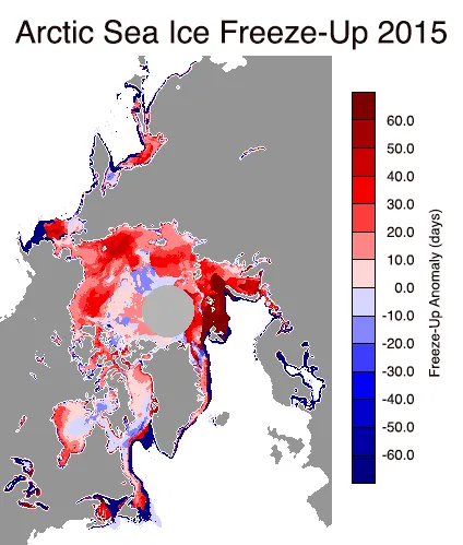 Images showing ice Freeze-Up in 2015, there along the edges, the anomaly is negative, but more in the middle it is very positive