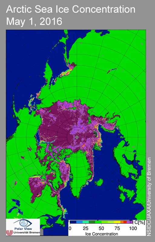 Map of artic sea ice concentration for May 1, 2016