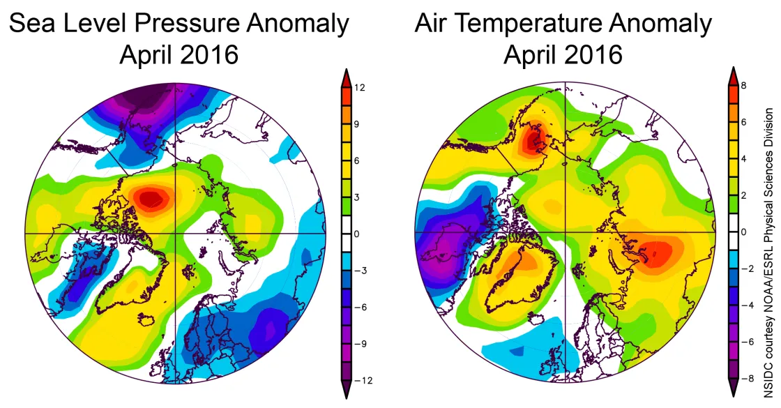 sea level pressure for April 2016 relative to average conditions for the same month, 1981 to 2010. And air temperature departure from average for April 2016 at the 925 hPa level (approximately 2,500 feet altitude) relative to the same reference period.