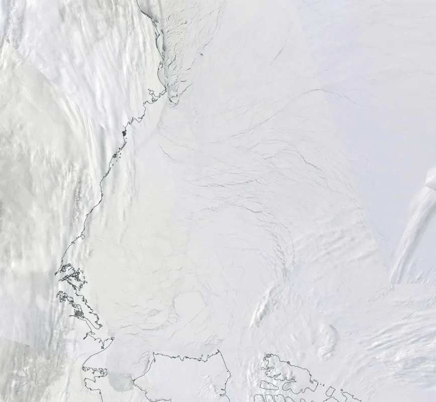 Series of images showing the fracturing and rotation of sea ice near Alaska and the western Canadian Artic archipelago.