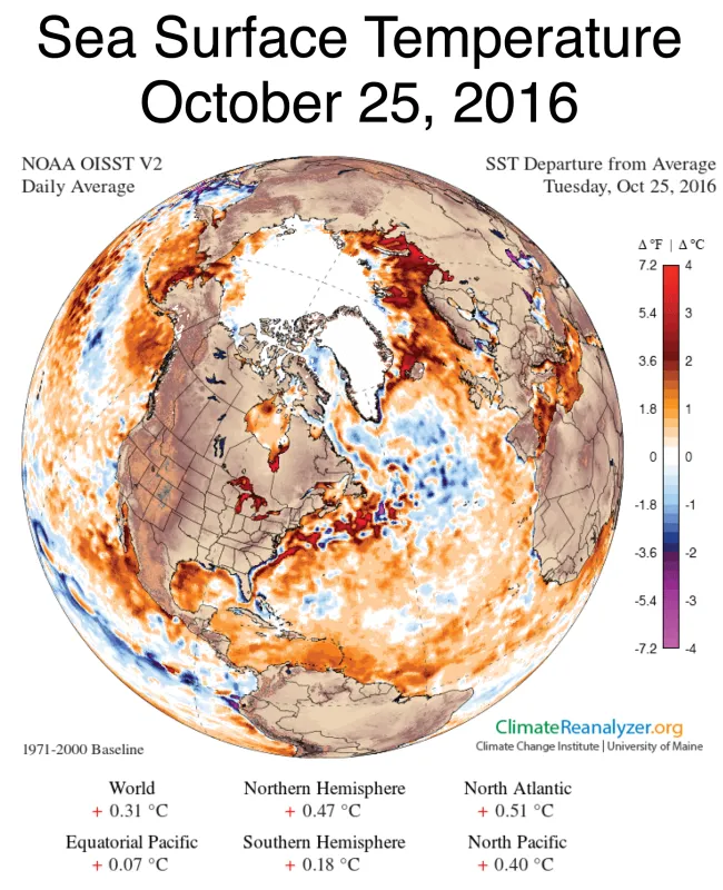 Sea surface temperatures (SSTs) in October were unusually high over the Chukchi and Beaufort Seas, as well as the Barents and Kara Seas along the Eurasian coast, helping to limit ice growth. This figure shows SSTs on October 25, 2016.