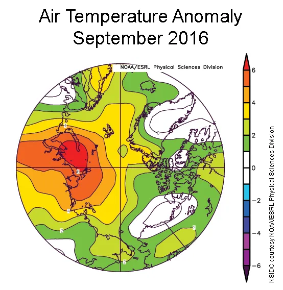 This plot shows Arctic air temperature (at the 925 hPA level) difference from average for September 2016. 