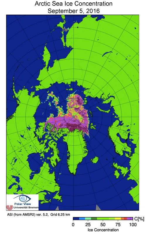 The map shows Arctic sea ice concentration from the AMSR2 satellite instrument for September 5, 2016. 