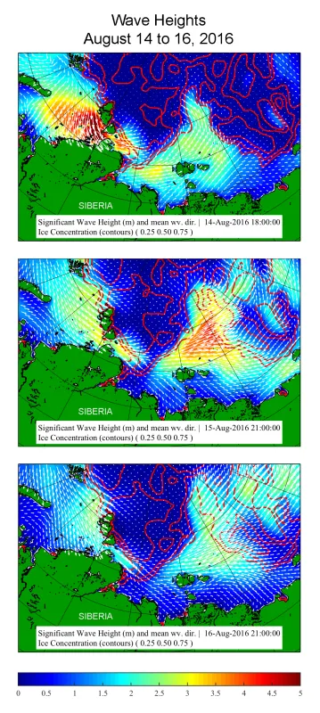 A series of plots shows significant wave height (in meters, indicated by color scale) in the western Arctic Ocean during the 2016 Arctic cyclone, from August 14 to August 16, 2016, as predicted by a numerical wave model (WAVEWATCH III), run at the Naval Research Laboratory (NRL). 