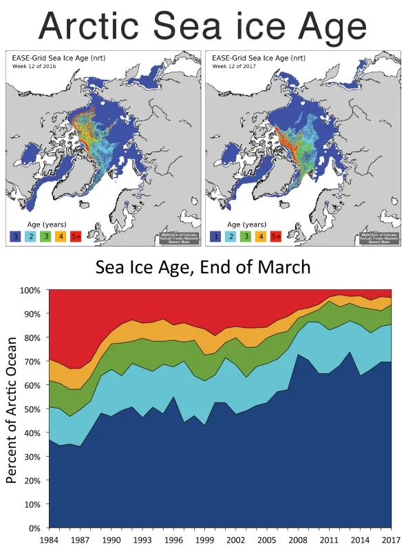 Maps showing 2016 and 2017 Arctic sea ice ages, as well as a time series graph of percent coverage for the Arctic Ocean.