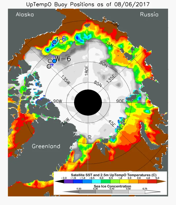 Plot of sea surface temperature from drifting buoys around artic.