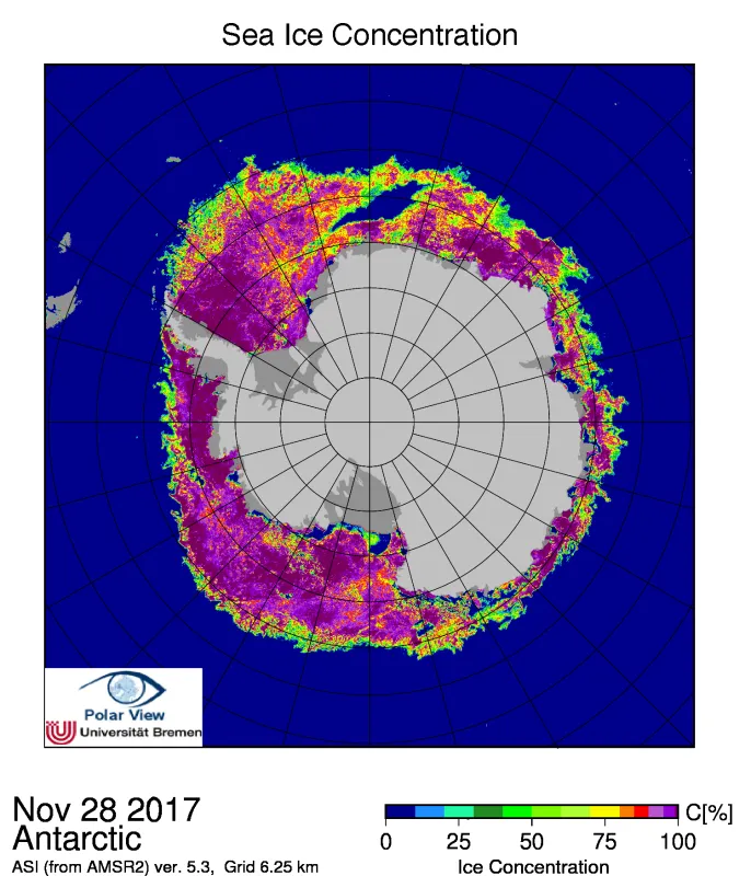 Antarctic sea ice concentration from AMSR2, in percent, for November 28, 2017.