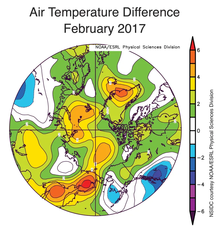 Spherical plot showing average air temperature differences over the Arctic.