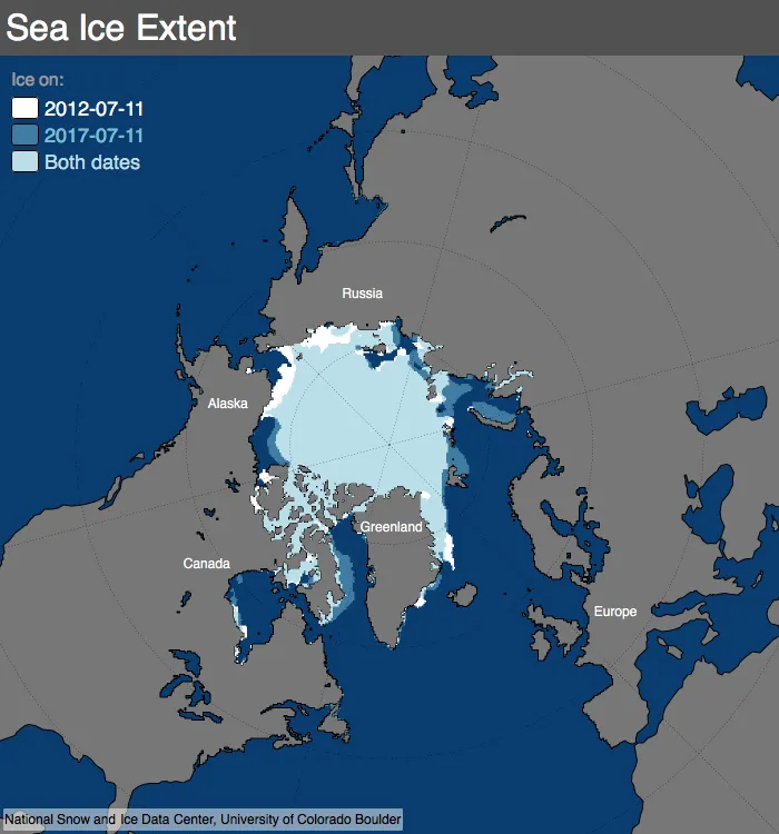 Map comparing 2017 and 2012 sea ice extent .