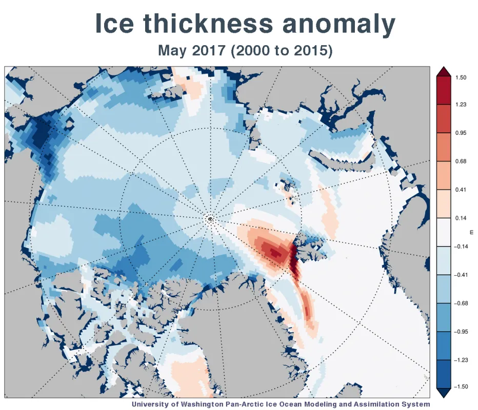 Map showing sea ice thickness.