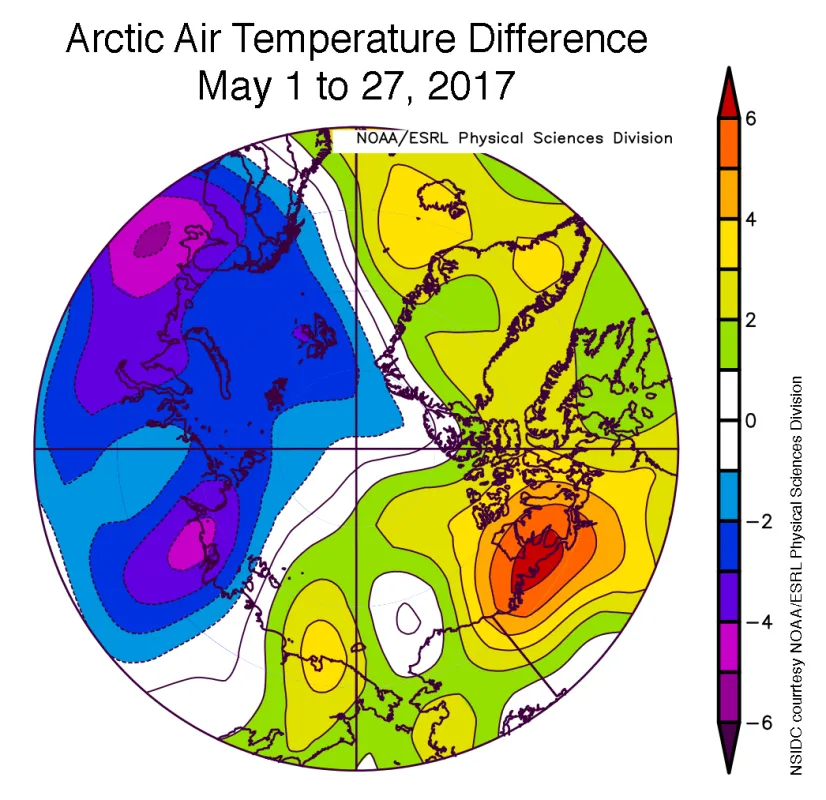 Spherical plot showing the departure from average air temperature over the Arctic.