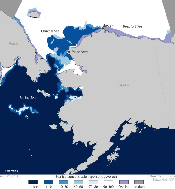 Map showing sea ice concentration in Alaska area.