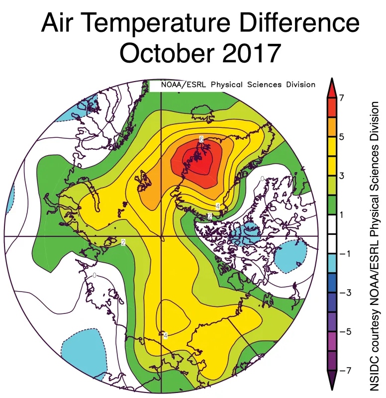 This plot shows Arctic air temperature anomalies at the 925 hPa level in degrees Celsius for October 2017. 