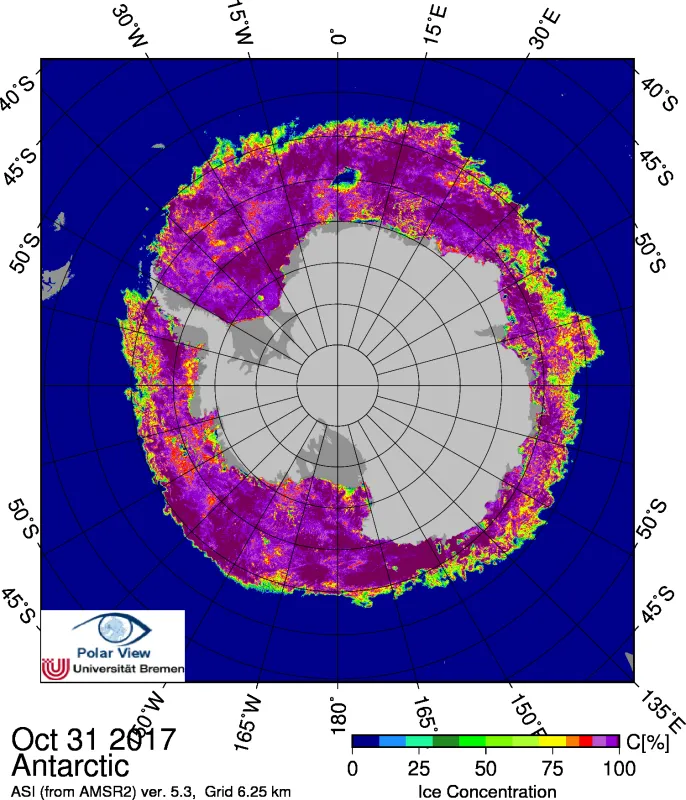 This map shows Antarctic sea ice concentration on October 31, 2017. Note the Maud Rise polynya at the top of the image. Data are from the Advanced Microwave Scanning Radiometer 2 (AMSR2).