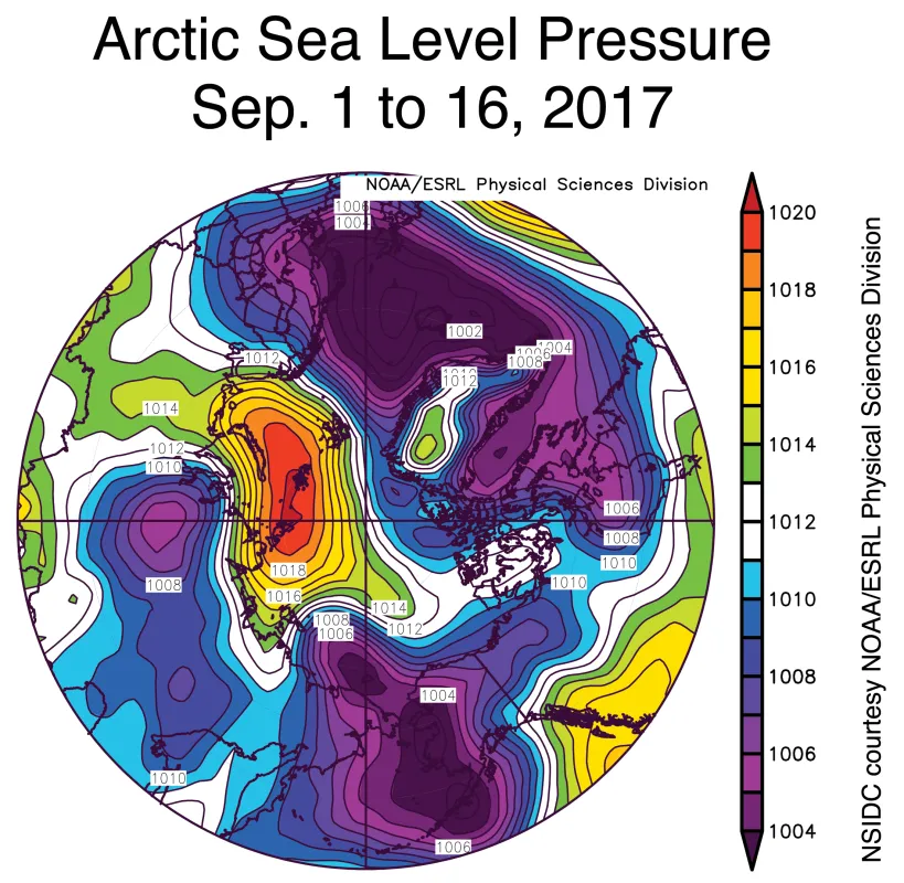 This image shows average sea level pressure over the Arctic Ocean for the period of September 1 to 16, 2017.