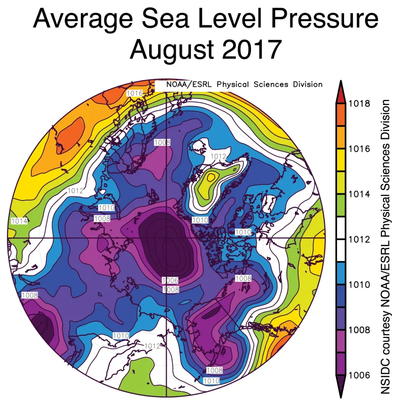 This image shows average sea level pressure in millibars over the Arctic for the month of August 2017.