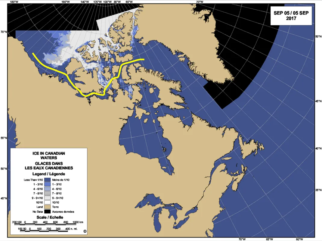 This shows the route of the Crystal Serenity (yellow line) overlaid on a map of ice cover in the Northwest Passage region for September 5, 2017.