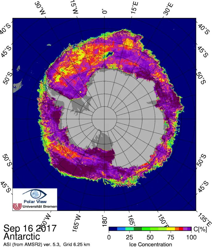 This map shows Antarctic sea ice concentration on September 16, 2017. 