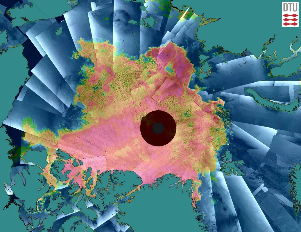  This figure shows a composite image from Sentinel-1 SAR imagery for August 29, 2017 overlaid with passive microwave sea ice concentration from the Japan Aerospace Exploration Agency (JAXA) Advanced Microwave Scanning Radiometer 2 (AMSR2) sensor.