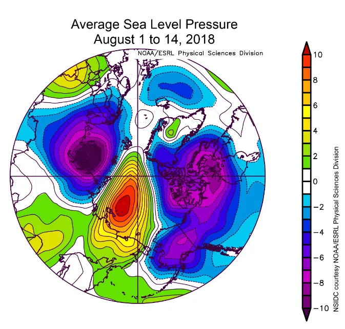 Spherical plot showing average sea level pressure in the Arctic.